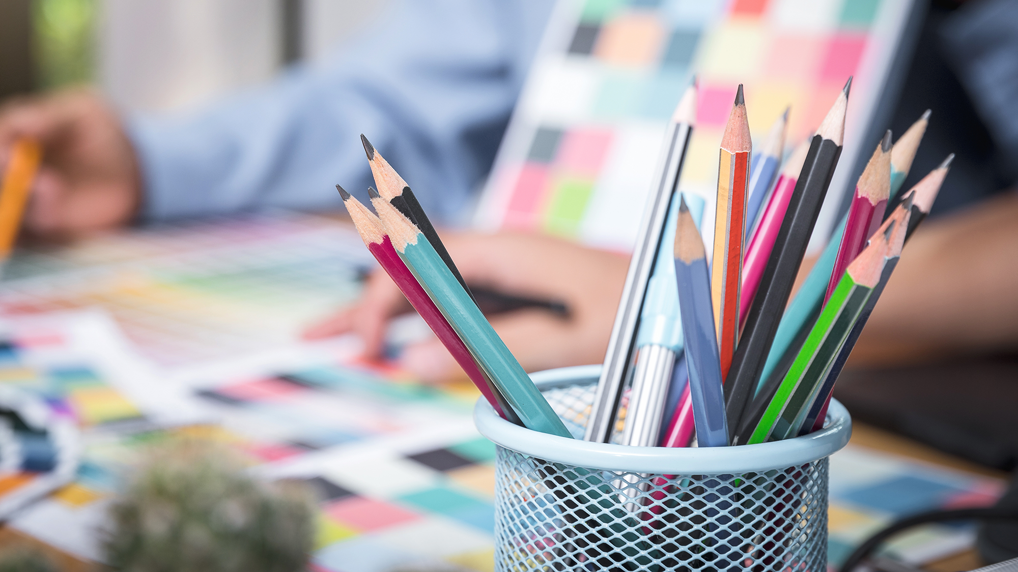 Colored pencils in a blue holder.