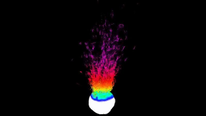 Colorful explosion simulation with white, blue, green, yellow, orange, red, and purple hues on a black background